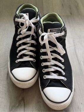 Converse Black High Top Sneakers with White Laces and Green Trim